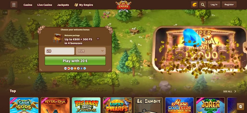 Vantaggio del casinò MyEmpire - 100% fino a 800 euro + 300 giri gratuiti
